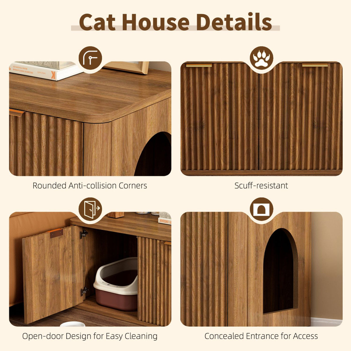 Doba 31.5" Walnut Cat Litter Box Enclosure Furniture, Large Decorative Hidden Litter Box Cabinet, Fluted Mid Century Modern Kitty End Table for Living Rooms, Bedrooms, Entryways (WALNUT)