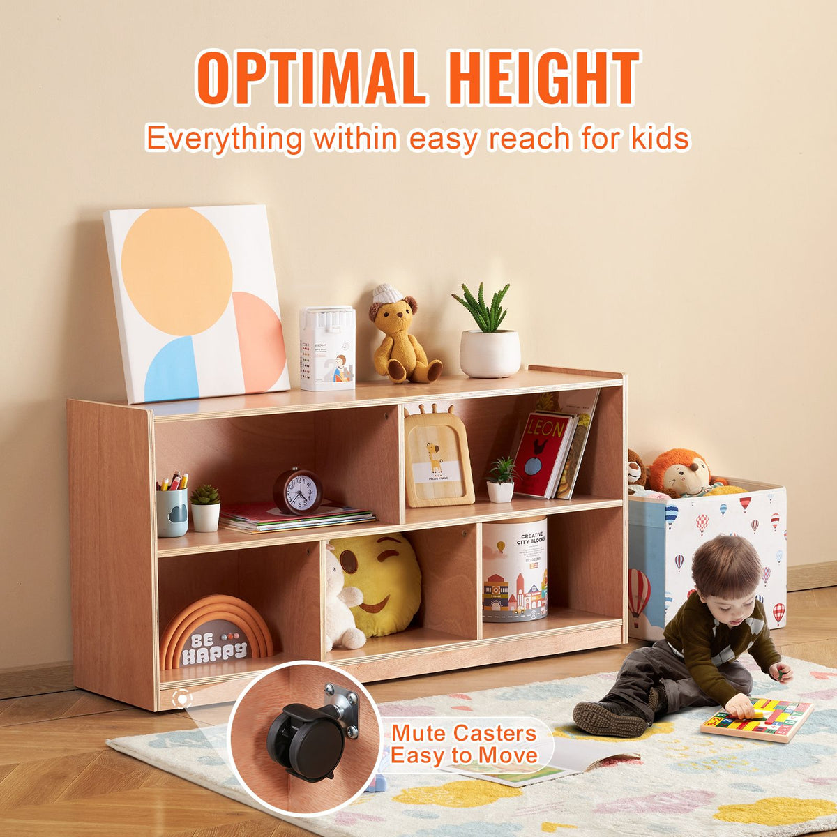 Doba Cubby Mobile Tray Storage Cabinet, 5-Compartment Cubby Storage Shelf, Cubby Storage Cabinet 2-shelf, Classroom Cubbies, Classroom Furniture for Home, Daycare and Preschool, Natural