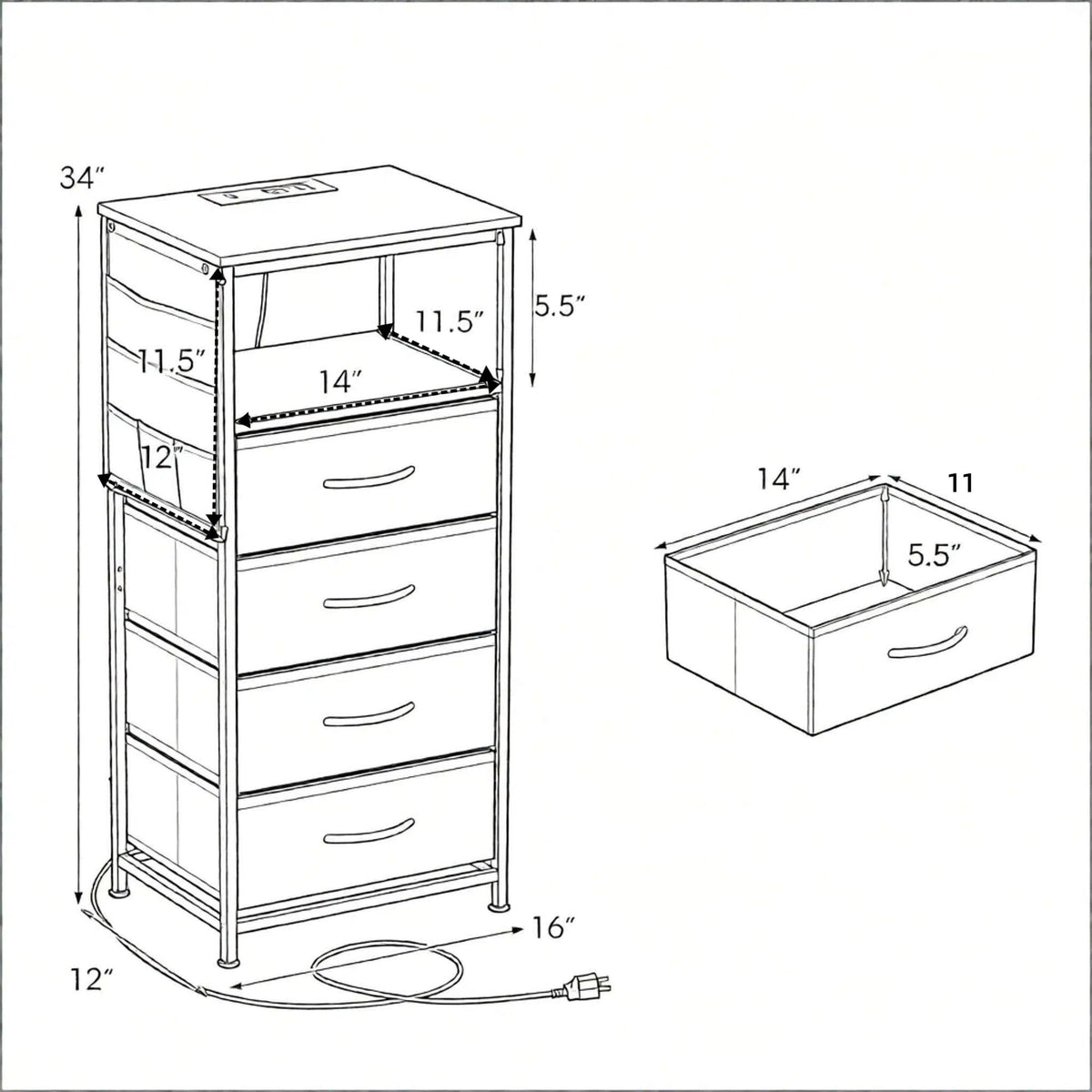 Doba Modern Nightstand with Integrated Charging Station Bedside Table 34" for Bedroom Furniture And Storage