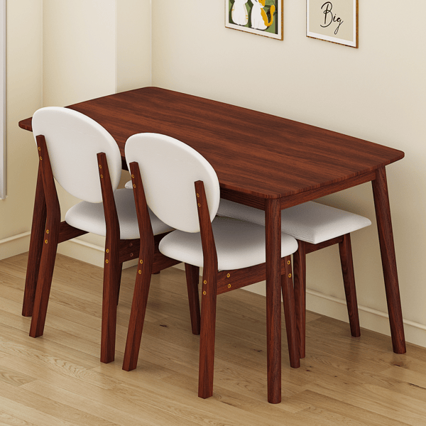 Doba 1 Table 2 Chairs 1 Bench Dining Set, Rubber Wood Frame with Beige Upholstered Seats, Deep Walnut Finish Rectangular Kitchen Dining Furniture