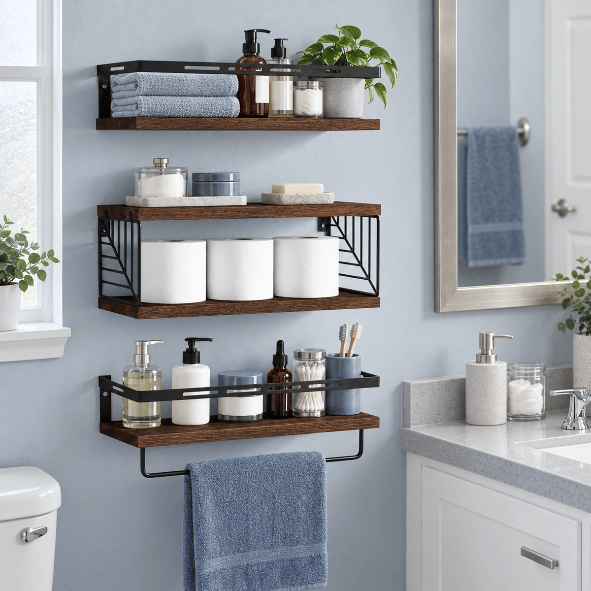 Doba 3-Piece Floating Wall Shelves Set, Rustic Brown Wood Wall Mounted Shelves with Towel Bar and Metal Guardrails, 22 lb Capacity Per Shelf, 15.85 x 5.95 Inch