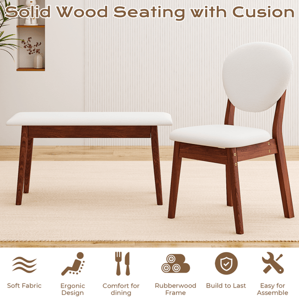 Doba 1 Table 2 Chairs 1 Bench Dining Set, Rubber Wood Frame with Beige Upholstered Seats, Deep Walnut Finish Rectangular Kitchen Dining Furniture