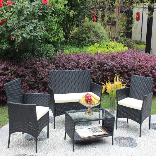Doba 4 PC Rattan Patio Furniture Set Outdoor Patio Cushioned Seat Wicker Sofa Black+Beige