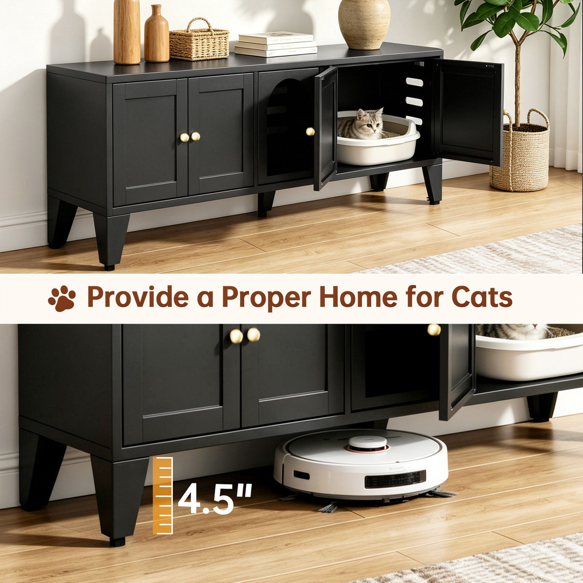 Doba 58" Metal Cat Litter Box Enclosure, Hidden Litter Box Furniture for 2 Cats, Large Indoor Cat House TV Stand Cabinet with Ventilation & 2 Compartments, Black Modern Pet Washroom with Adjustable Legs