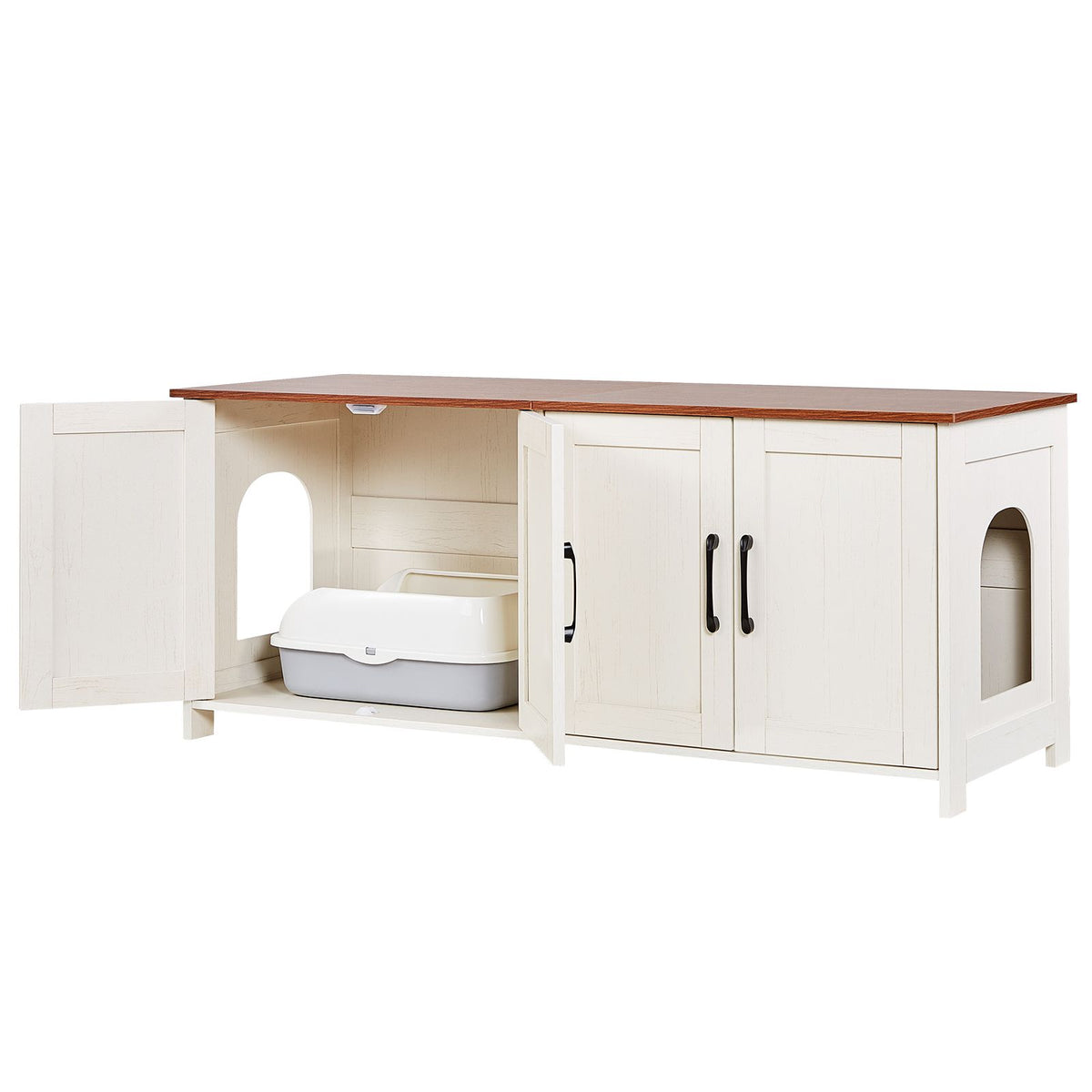 Doba Cat Litter Box Enclosure for Multi Cats, 47.2 in Hidden Litter Box Cabinet with 4 Doors & 2 Entries, Indoor Cat Washroom, Wooden Kitty House Furniture, Fit Most Litterboxes, Brown & White 47.2 inch Particle Board