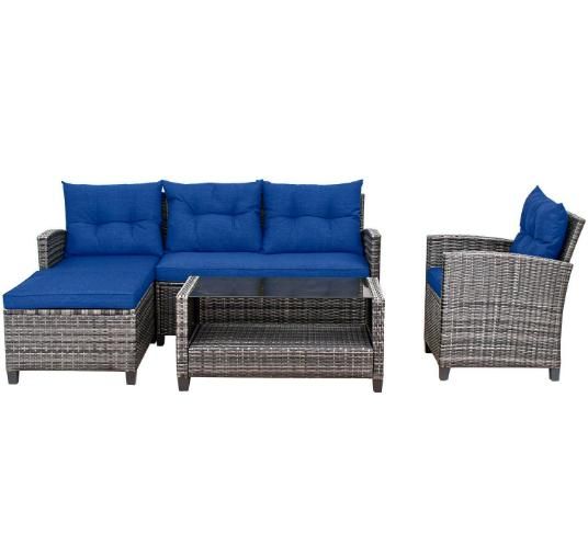 Doba 4 Pieces Patio Sofa Set Rattan Furniture with Cushion And 2-Tier Coffee Table Outdoor Living Room Set