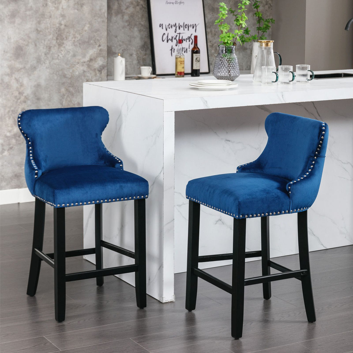 Doba A&A Furniture,Contemporary Velvet Upholstered Wing-Back Barstools with Button Tufted Decoration and Wooden Legs, and Chrome Nailhead Trim, Leisure Style Bar Chairs,Bar stools,Set of 2 (Blue),SW1824BL