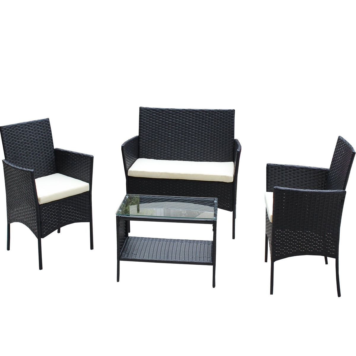 Doba 4 PC Rattan Patio Furniture Set Outdoor Patio Cushioned Seat Wicker Sofa