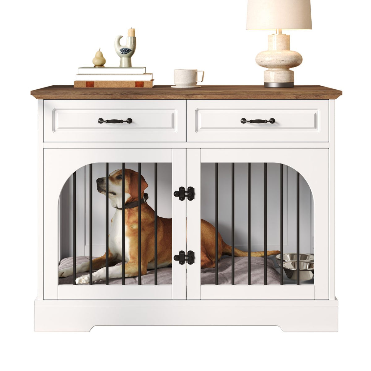 Doba 43.3" Farmhouse Dog Crate Furniture, Wooden Dog Kennel with 2 Storage Drawers and Rotating Food Bowls, Secure Metal Bar Crate for Lage & Medium Dogs, Indoor Dog Crate Side Table, White and Brown