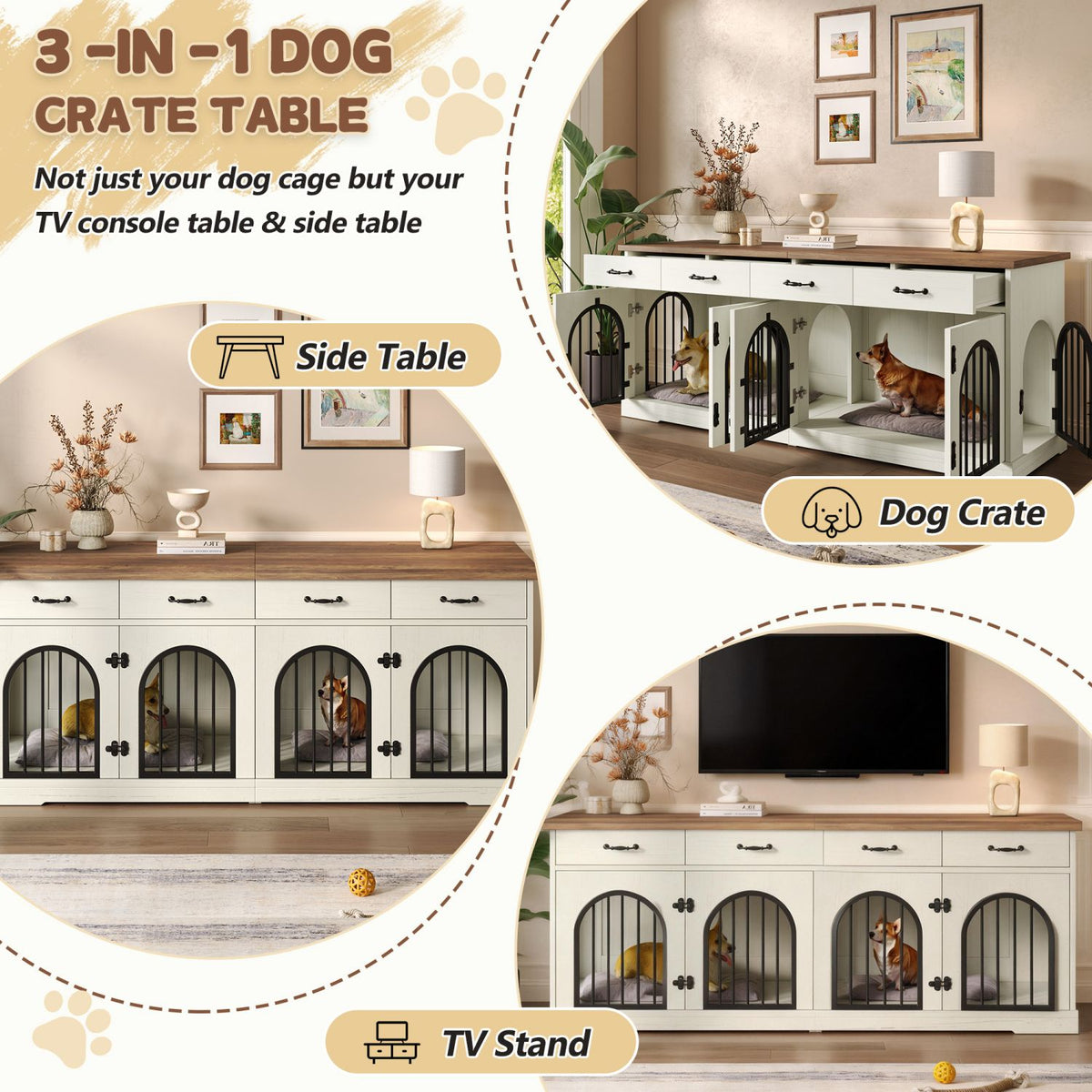 Doba 70.8" Large Dog Crate Furniture for 2 Dogs, Dog Kennel Indoor with Removable Divider Door and 4 Storage Drawers, End Table, Dog Crate TV Stand with 4 Doors for Medium Small Dogs, White and Brown