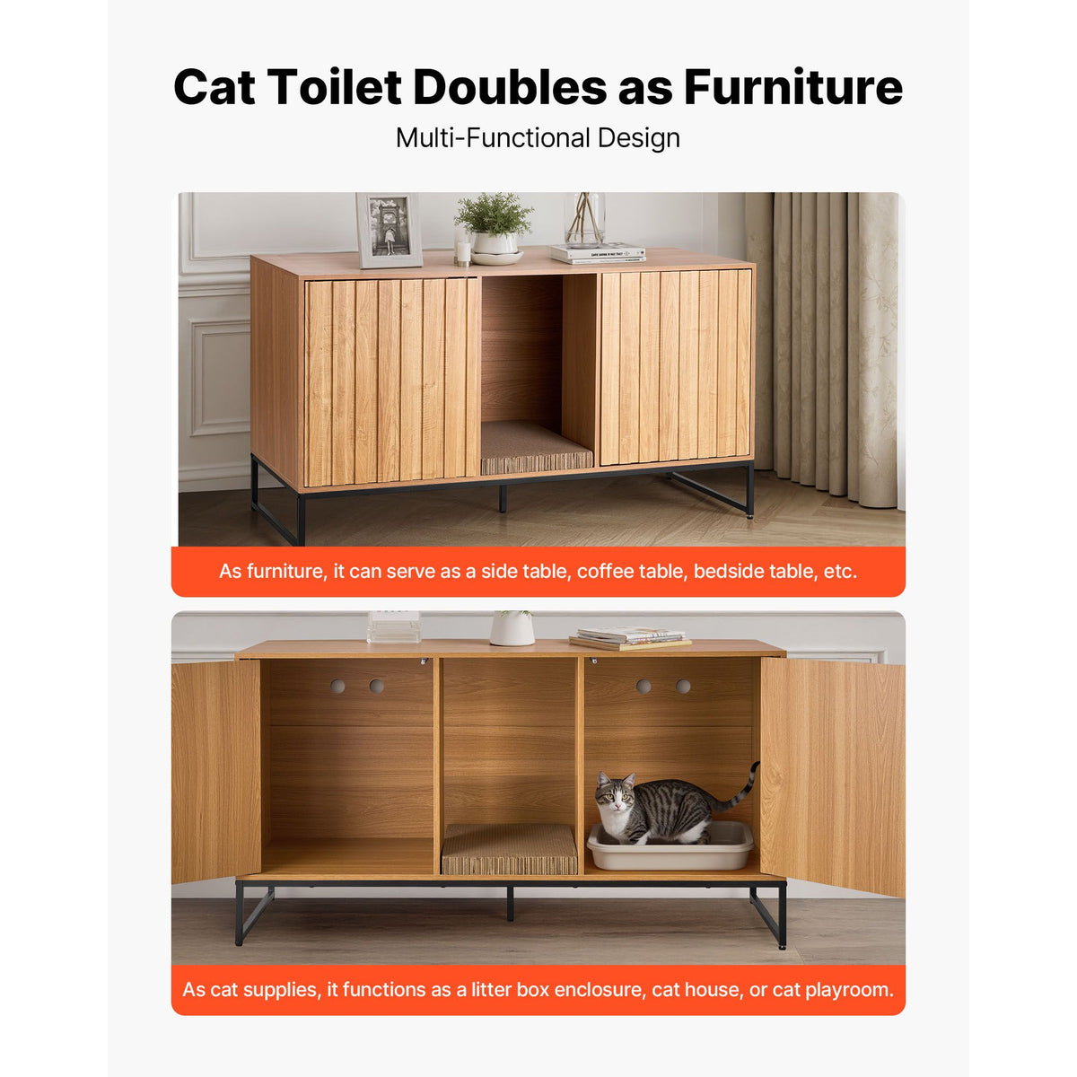 Doba Cat Litter Box Enclosure Furniture, 47.2 in Hidden Litter Box Cabinet with Scratch Pad & Storage, Waterproof Cat Washroom End Table Cat House, Fit Most of Litterbox, for Bedroom Living Room