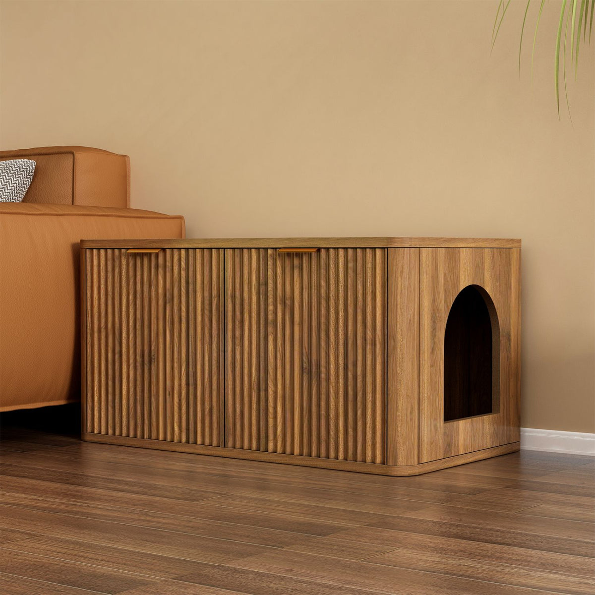 Doba 31.5" Walnut Cat Litter Box Enclosure Furniture, Large Decorative Hidden Litter Box Cabinet, Fluted Mid Century Modern Kitty End Table for Living Rooms, Bedrooms, Entryways (WALNUT)