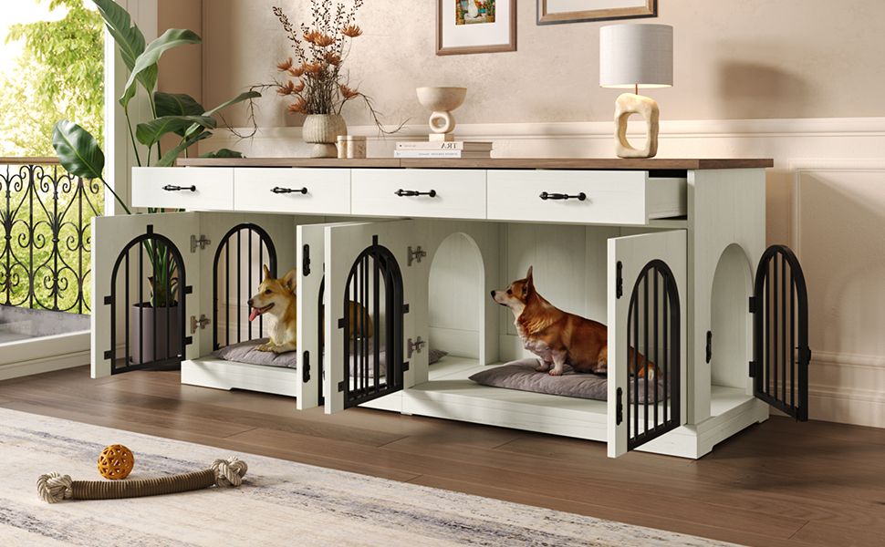 Doba 70.8" Large Dog Crate Furniture for 2 Dogs, Dog Kennel Indoor with Removable Divider Door and 4 Storage Drawers, End Table, Dog Crate TV Stand with 4 Doors for Medium Small Dogs, White and Brown