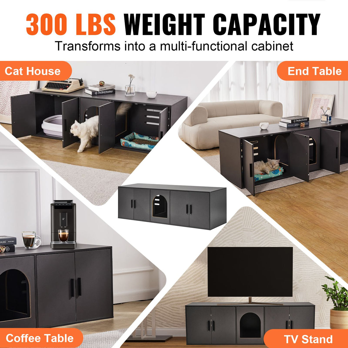 Doba Cat Litter Box Enclosure for 2 Cats, Litter Box Furniture Hidden with Double Rooms, Wooden Cat Box Cabinet Fit Most of Litter Box, 57.9"L x 18.3"W x 17.9"H, Black