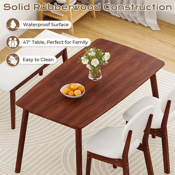 Doba 1 Table 2 Chairs 1 Bench Dining Set, Rubber Wood Frame with Beige Upholstered Seats, Deep Walnut Finish Rectangular Kitchen Dining Furniture