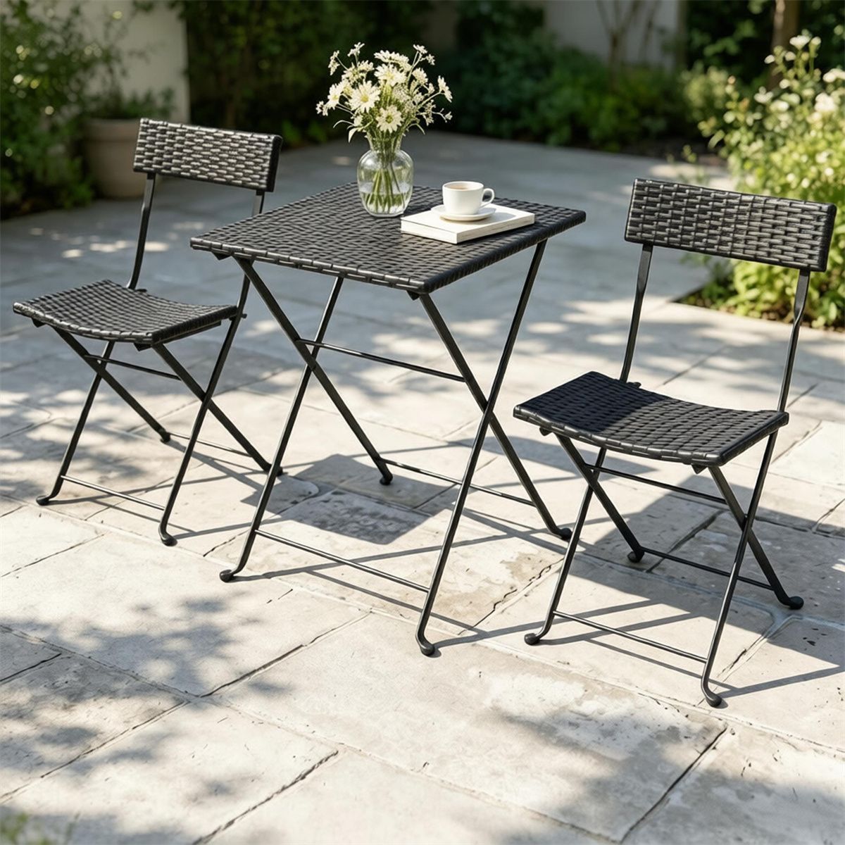 Doba 3 Piece Folding PE Rattan Bistro Set, Black Wicker Patio Dining Set with 1 Coffee Table & 2 Ergonomic Chairs, Foldable Outdoor Furniture for Garden Backyard Poolside