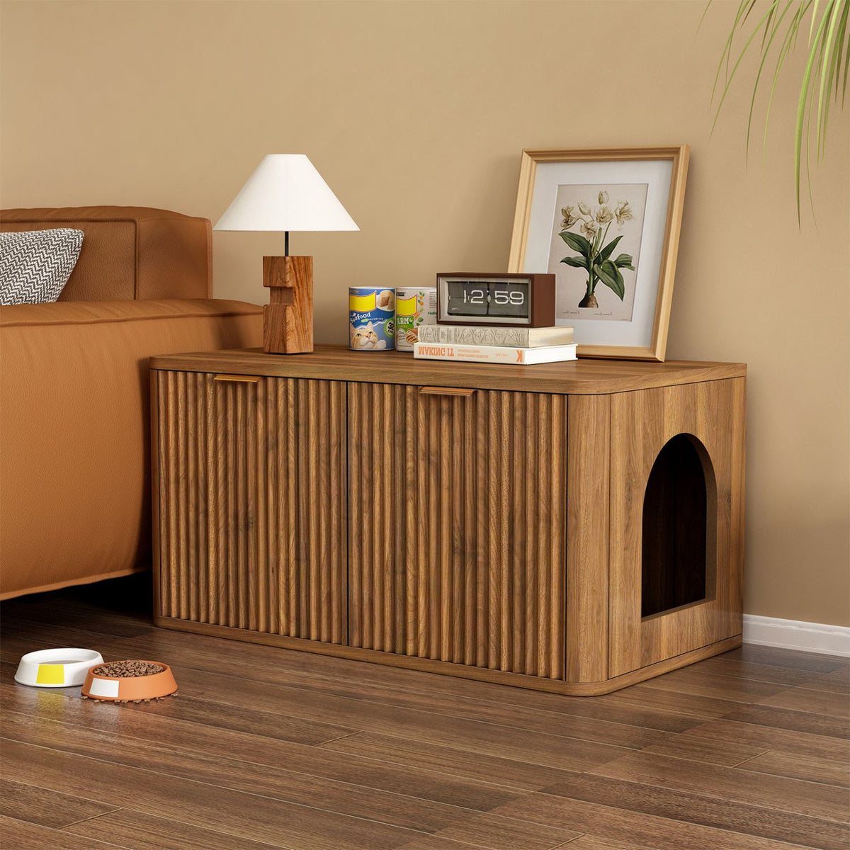Doba 31.5" Walnut Cat Litter Box Enclosure Furniture, Large Decorative Hidden Litter Box Cabinet, Fluted Mid Century Modern Kitty End Table for Living Rooms, Bedrooms, Entryways (WALNUT)