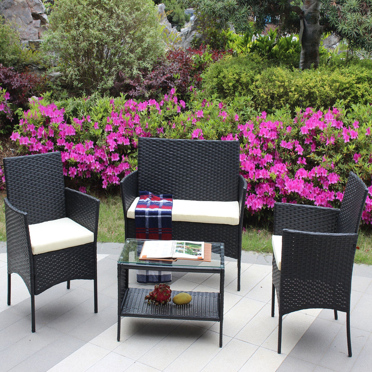 Doba 4 PC Rattan Patio Furniture Set Outdoor Patio Cushioned Seat Wicker Sofa