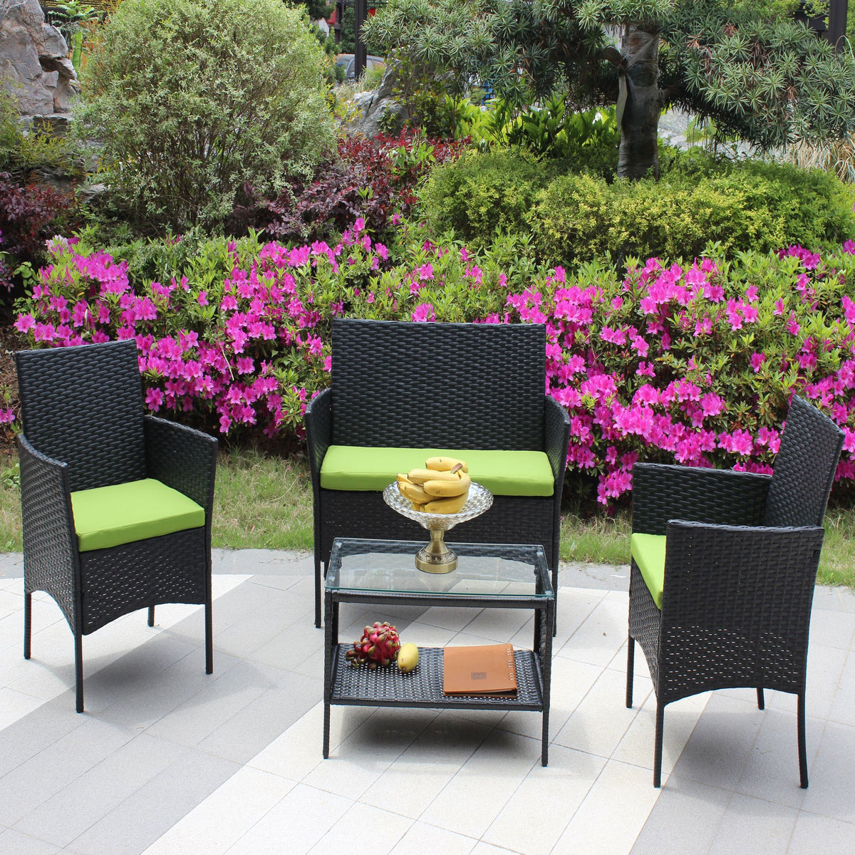 Doba 4 PC Rattan Patio Furniture Set Outdoor Patio Cushioned Seat Wicker Sofa