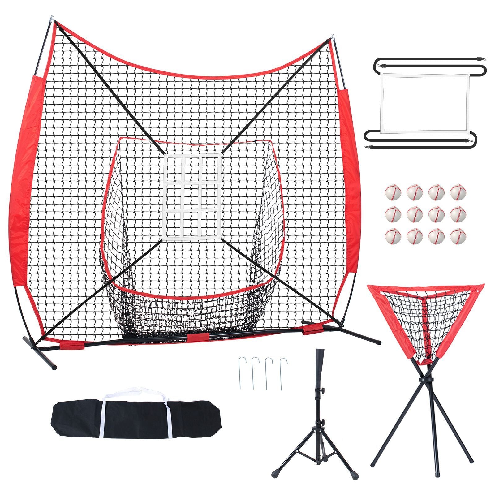 Doba 7x7 ft Baseball Softball Practice Net, Portable Baseball Training Net for Hitting Catching Pitching, Backstop Equipment with Bow Frame, Carry Bag, Strike Zone, 12 Balls, Tee, and Ball Collector