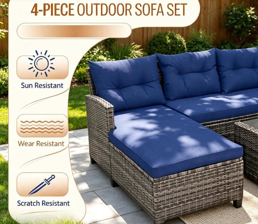 Doba 4 Pieces Patio Sofa Set Rattan Furniture with Cushion And 2-Tier Coffee Table Outdoor Living Room Set