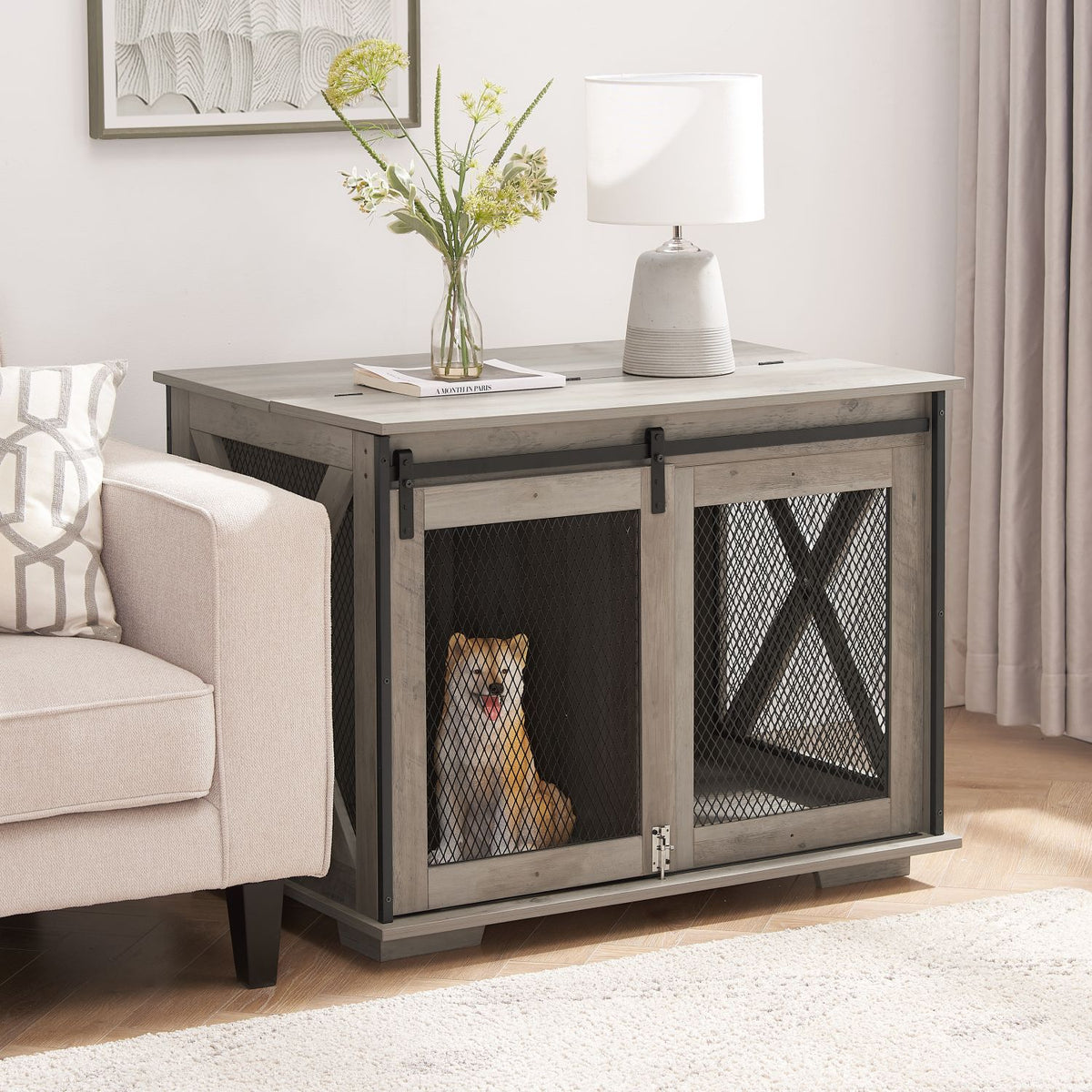 Doba Farmhouse Dog Cage Crate Furniture with Sliding Barn Door, Farmhouse Wooden Dog Kennel End Table with Flip-top Plate Dog House with Detachable Divider for Small/Medium/Large Dog Gray