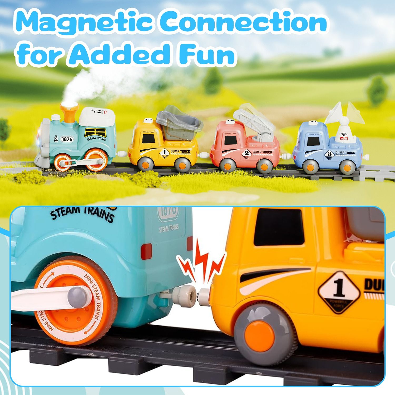 Doba Kids Electric Train Set with Remote - Immersive Play with Authentic Train Sounds, Smoke Effects & Colorful Lights, Magnetic Connection Locomotive + 3 Trucks, Easy Assembly Tracks & Accessories, Perfec