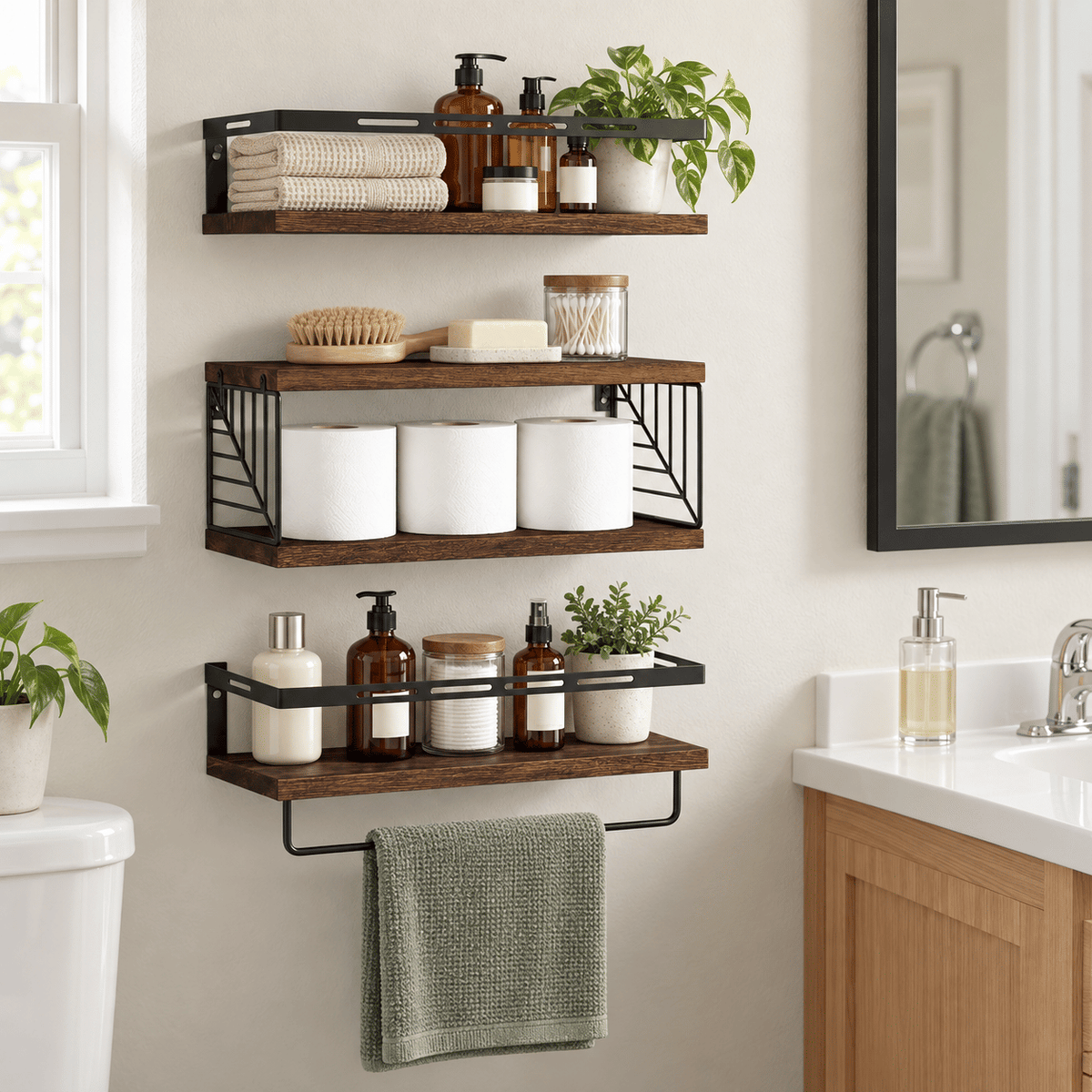 Doba 3-Piece Floating Wall Shelves Set, Rustic Brown Wood Wall Mounted Shelves with Towel Bar and Metal Guardrails, 22 lb Capacity Per Shelf, 15.85 x 5.95 Inch