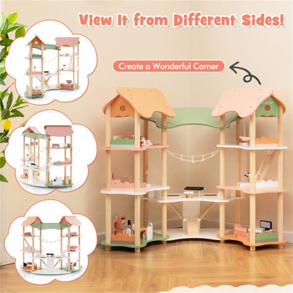 Doba 3-Tier Dollhouse with 7 Rooms & 31 Cute Furniture, MDF+Pine Wood Corner Design Kids Toy
