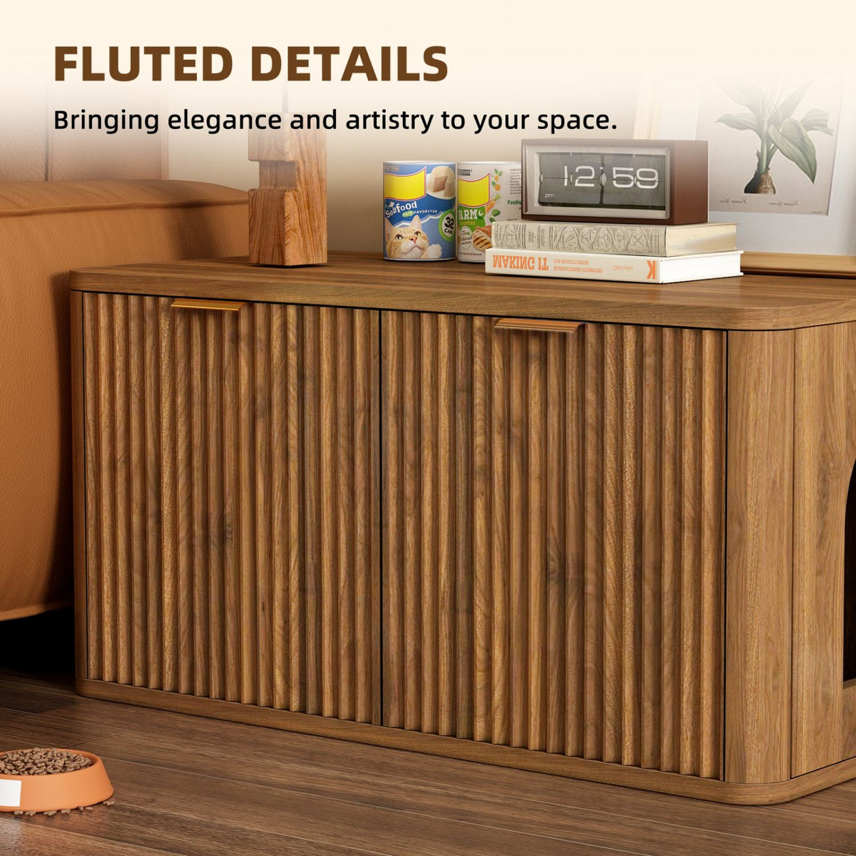 Doba 31.5" Walnut Cat Litter Box Enclosure Furniture, Large Decorative Hidden Litter Box Cabinet, Fluted Mid Century Modern Kitty End Table for Living Rooms, Bedrooms, Entryways (WALNUT)