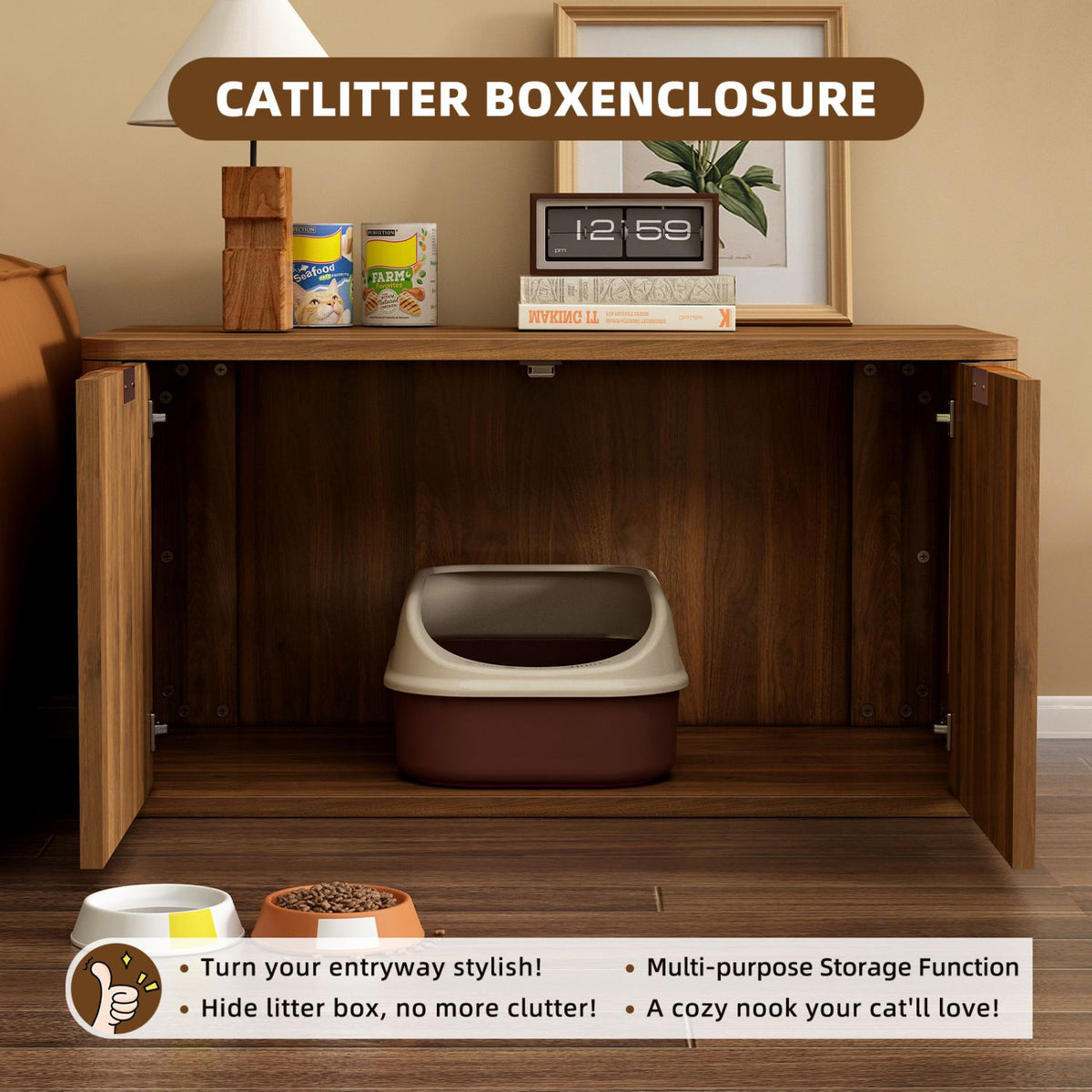 Doba 31.5" Walnut Cat Litter Box Enclosure Furniture, Large Decorative Hidden Litter Box Cabinet, Fluted Mid Century Modern Kitty End Table for Living Rooms, Bedrooms, Entryways (WALNUT)