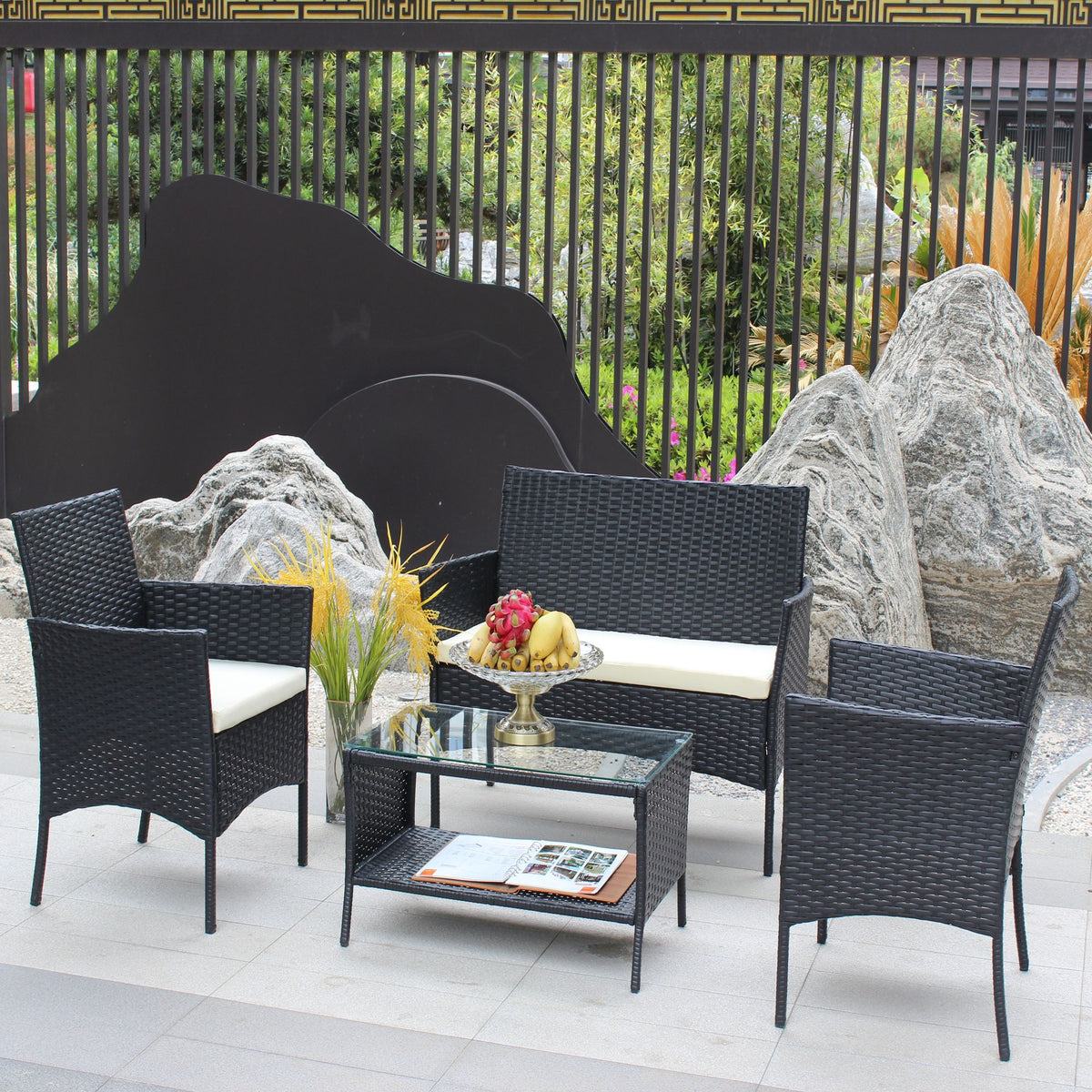 Doba 4 PC Rattan Patio Furniture Set Outdoor Patio Cushioned Seat Wicker Sofa