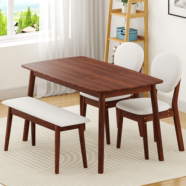 Doba 1 Table 2 Chairs 1 Bench Dining Set, Rubber Wood Frame with Beige Upholstered Seats, Deep Walnut Finish Rectangular Kitchen Dining Furniture