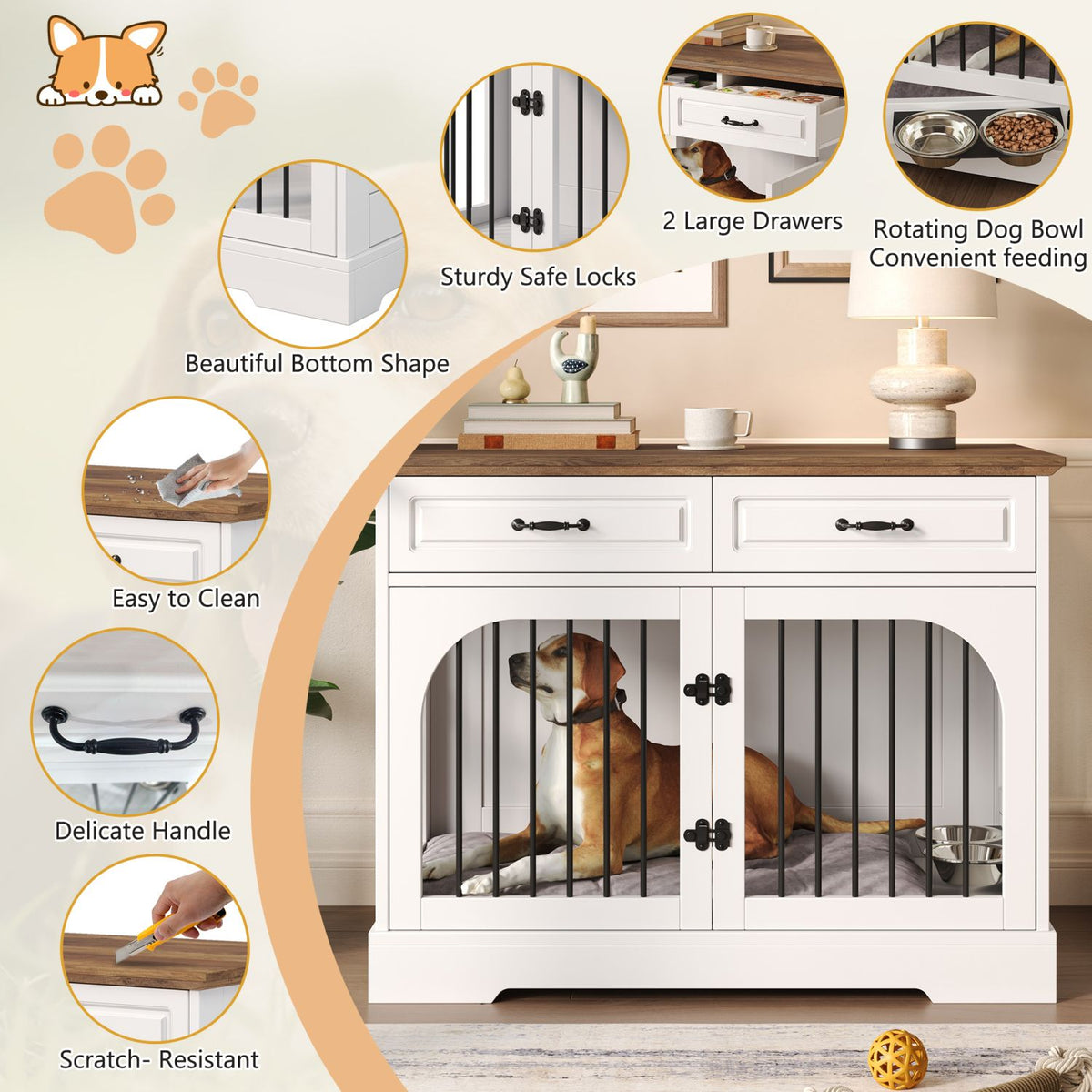 Doba 43.3" Farmhouse Dog Crate Furniture, Wooden Dog Kennel with 2 Storage Drawers and Rotating Food Bowls, Secure Metal Bar Crate for Lage & Medium Dogs, Indoor Dog Crate Side Table, White and Brown