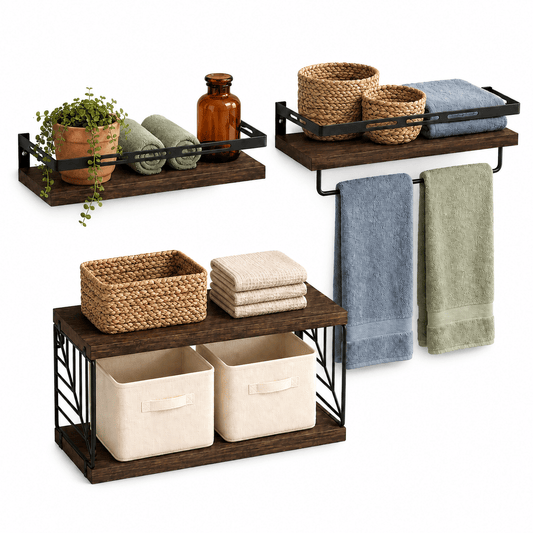 Doba 3-Piece Floating Wall Shelves Set, Rustic Brown Wood Wall Mounted Shelves with Towel Bar and Metal Guardrails, 22 lb Capacity Per Shelf, 15.85 x 5.95 Inch 1