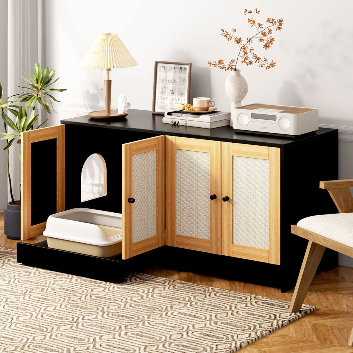 Doba Double Litter Box Enclosure,Cat Litter Box Enclosure for 2 Cats, Hidden Litter Box Furniture with Rattan Doors, 47" L x 19.8" W x 21.8" H,Black