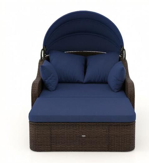 Doba Patio PE Rattan Daybed Outdoor Sofa Set with Retractable Canopy Soft Cushions Comfortable Relaxing Garden Furniture