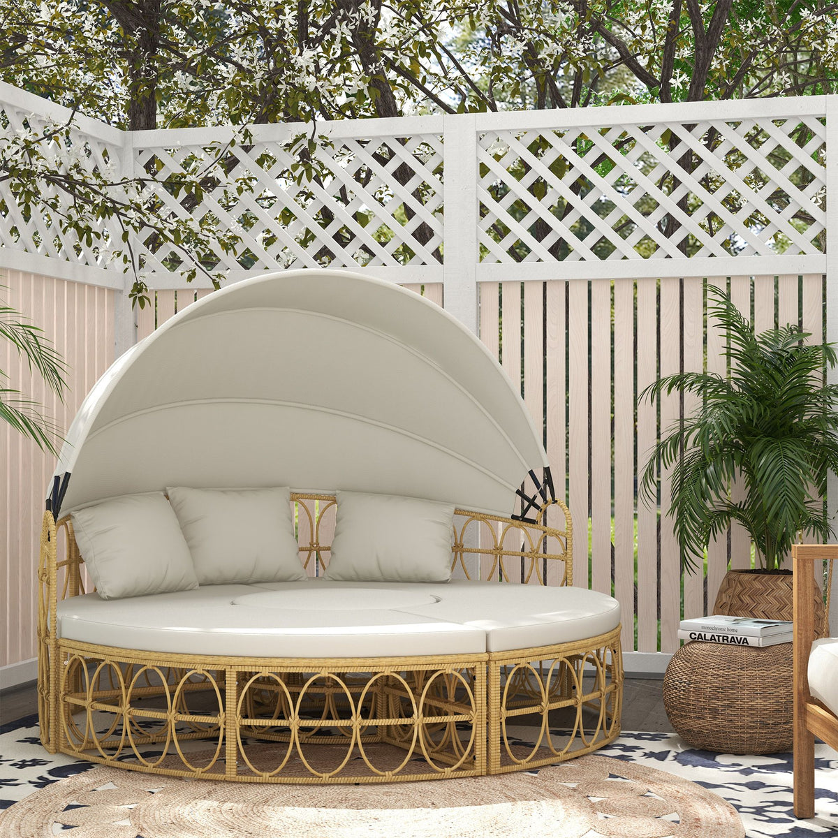 Doba Patio Furniture Set, Round Outdoor Daybed with Retractable Canopy, Hollow Wicker PE Rattan Sectional Sofa with Cushions for Pool, Lawn, Beige