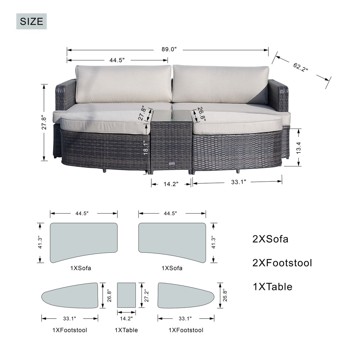 Doba Direct Wicker 5-Piece Outdoor Wicker Sofa Daybed Set Patio Furniture Sunbed
