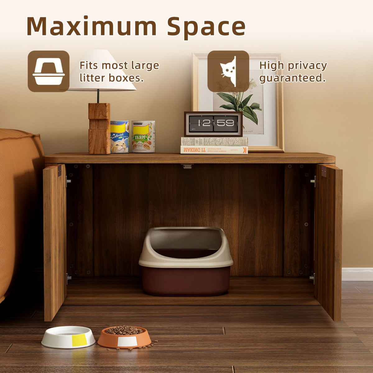 Doba 31.5" Walnut Cat Litter Box Enclosure Furniture, Large Decorative Hidden Litter Box Cabinet, Fluted Mid Century Modern Kitty End Table for Living Rooms, Bedrooms, Entryways (WALNUT)