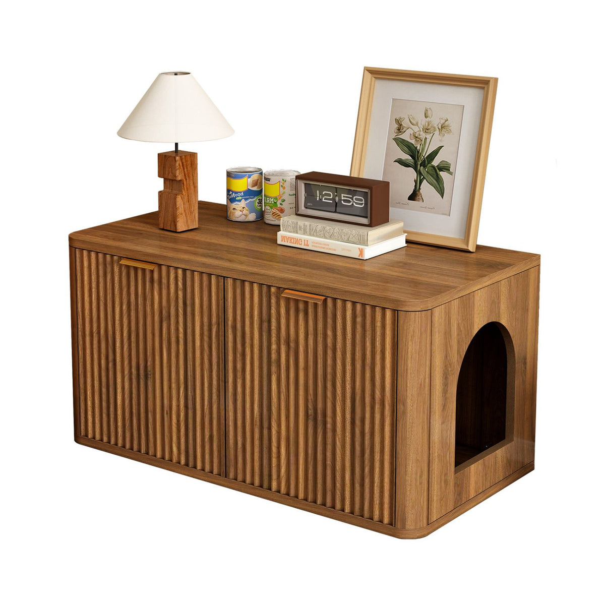 Doba 31.5" Walnut Cat Litter Box Enclosure Furniture, Large Decorative Hidden Litter Box Cabinet, Fluted Mid Century Modern Kitty End Table for Living Rooms, Bedrooms, Entryways (WALNUT)
