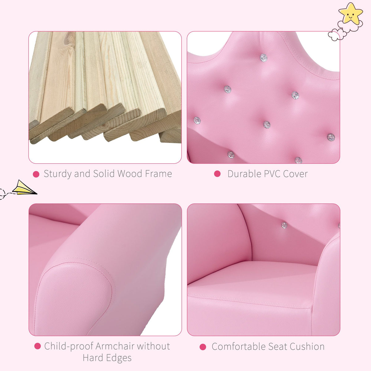 Doba Kids Sofa Set with Footstool, Princess Theme, Diamond Decoration - Cozy Furniture for Children