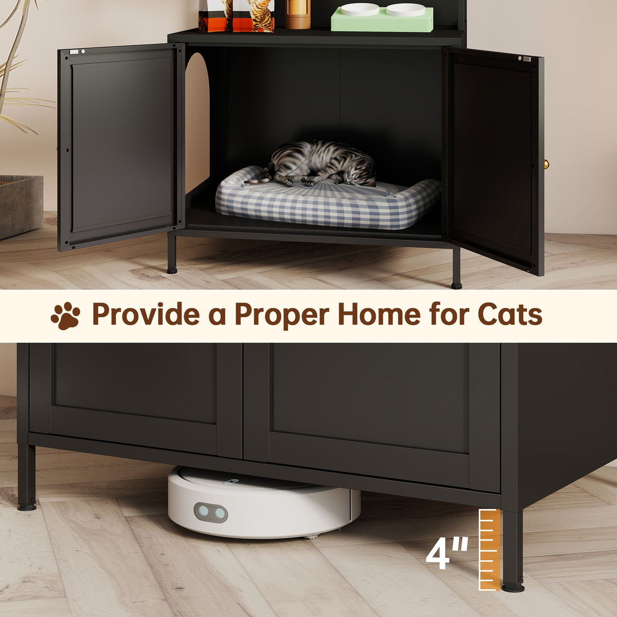 Doba Metal Cat Litter Box Enclosure, 57" Tall Hidden Litter Box Cabinet with 3 Tier Storage Shelves, Large Indoor Cat House with Doors & 4 S-Hooks, Odor Control Pet Washroom Furniture for Large Cats, Black