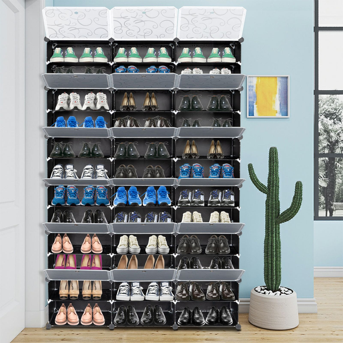 Doba 12-Tier Portable 72 Pair Shoe Rack Organizer 36 Grids Tower Shelf Storage Cabinet Stand Expandable for Heels, Boots, Slippers, Black
