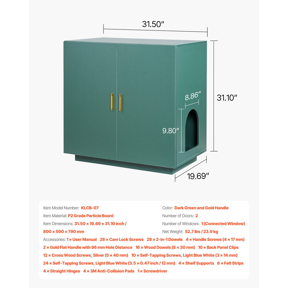 Doba Cat Litter Box Enclosure, 31.5 in Hidden Litter Box Cabinet, Wooden Indoor Cat Washroom with Ventilated Holes, Double-Door Kitty Pet House Furniture, End Side Table Fit Most Litterboxes
