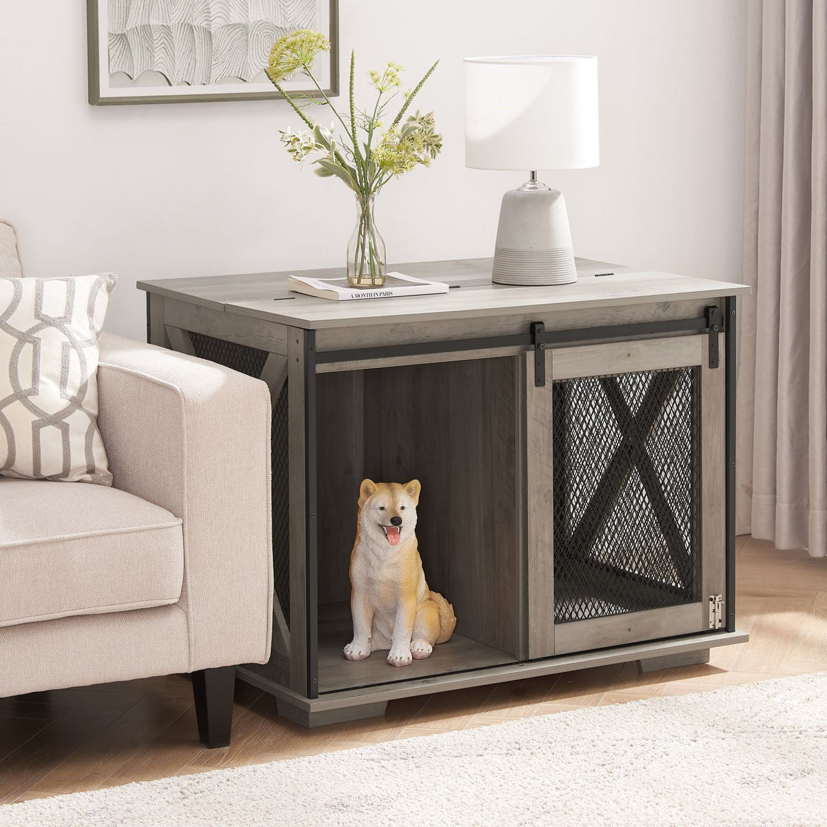 Doba Farmhouse Dog Cage Crate Furniture with Sliding Barn Door, Farmhouse Wooden Dog Kennel End Table with Flip-top Plate Dog House with Detachable Divider for Small/Medium/Large Dog Gray as Pic