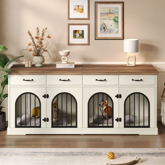 Doba 70.8" Large Dog Crate Furniture for 2 Dogs, Dog Kennel Indoor with Removable Divider Door and 4 Storage Drawers, End Table, Dog Crate TV Stand with 4 Doors for Medium Small Dogs, White and Brown as Pic