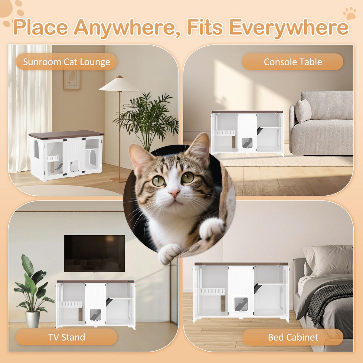 Doba 47.25" Large Cat Litter Box Enclosure with LED Light, Hidden Litter Box Furniture, Cat House with Stairs and Cat Scratching Post, Cat Cabinet Side Table with Smart Doors for Living Room