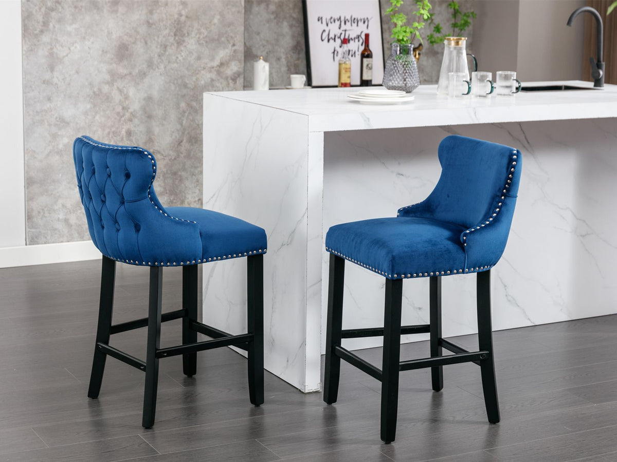 Doba A&A Furniture,Contemporary Velvet Upholstered Wing-Back Barstools with Button Tufted Decoration and Wooden Legs, and Chrome Nailhead Trim, Leisure Style Bar Chairs,Bar stools,Set of 2 (Blue),SW1824BL
