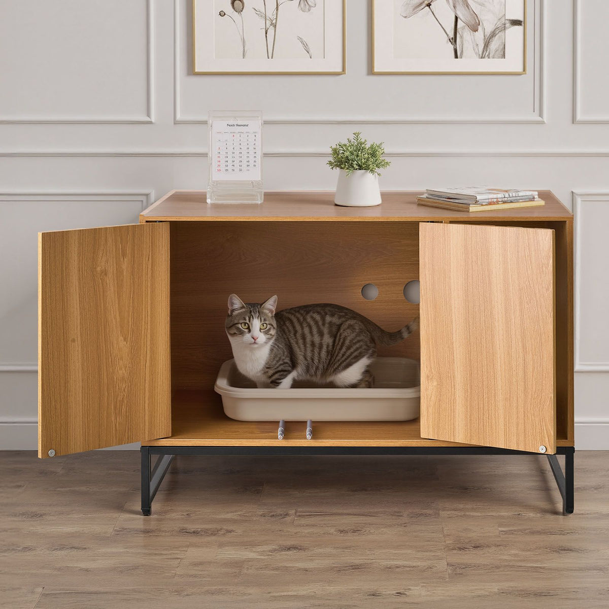 Doba Cat Litter Box Enclosure Furniture, 31.5 in Hidden Litter Box Cabinet with Scratch Pad & Storage, Waterproof Cat Washroom End Table Cat House, Fit Most of Litterbox, for Bedroom Living Room
